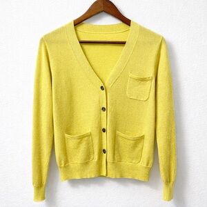 Vintage Yellow Lurex Wool Blend Cardigan V-Neck Shimmer Pockets